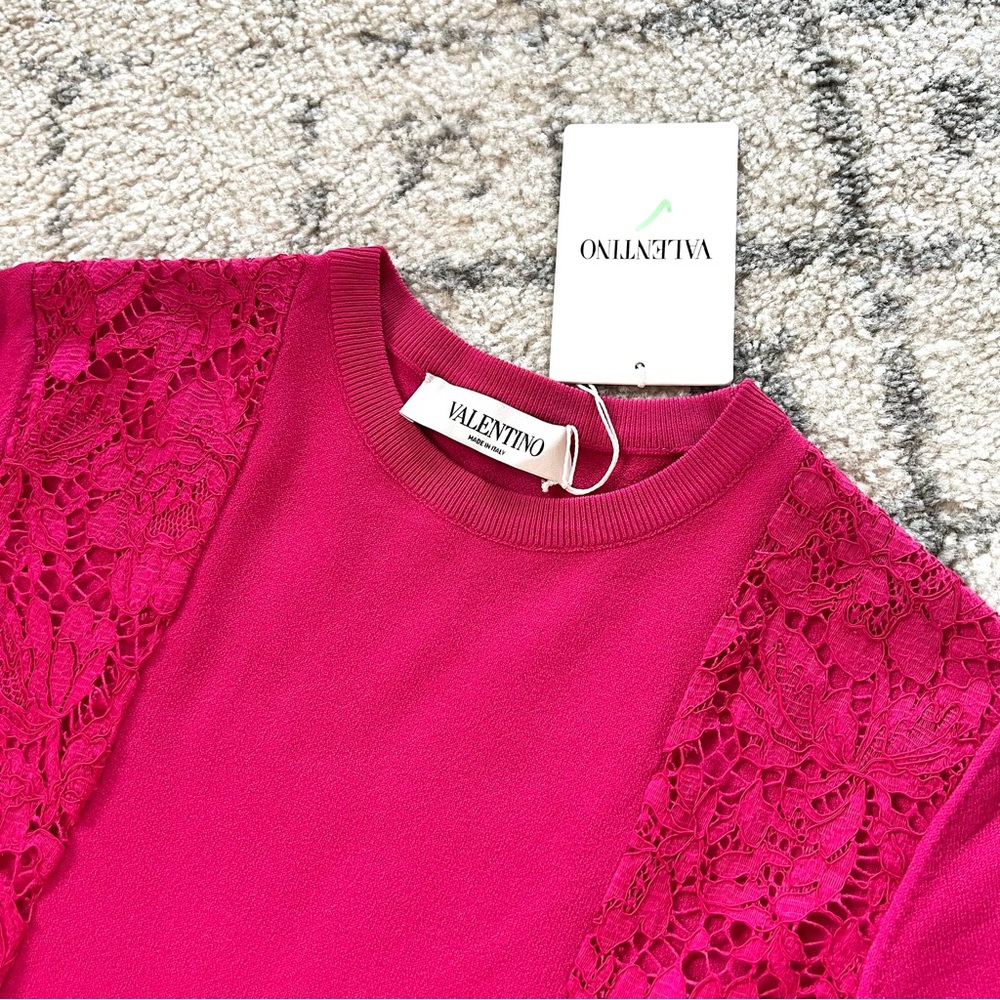 Valentino Brand New Pink Fuchsia Lace Panel Knit Stretch Dress - Picture 2 of 8